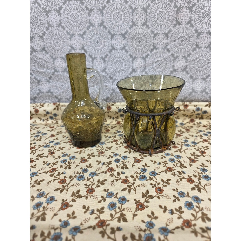 Vintage Crackle Glass Vases Olive Brown Pitcher with Caged‎ Glass Stand Boho Set